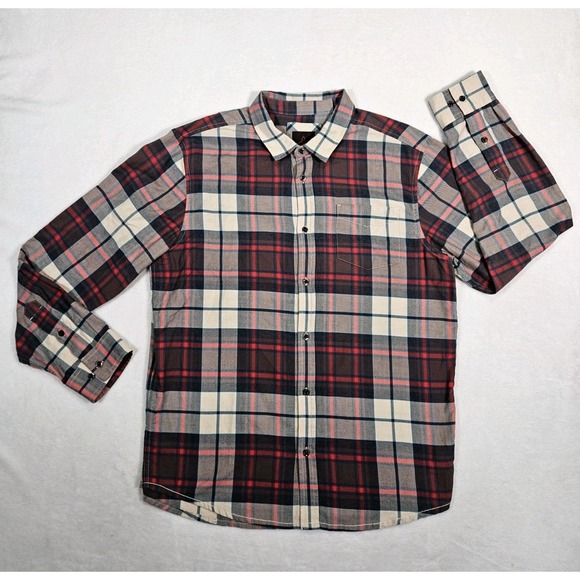 Prana Shayne Flannel Shirt Mens Large Button Up Long Sleeve Plaid Red Blue Beige - Picture 1 of 12